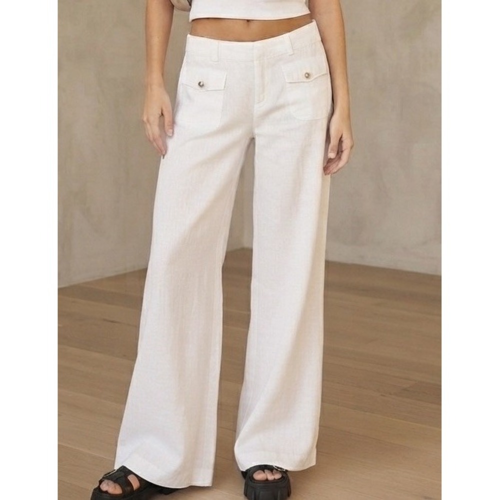 Vintage Y2K INC White Coastal 100% Linen Low Rise Wide Leg Pants McBling 10